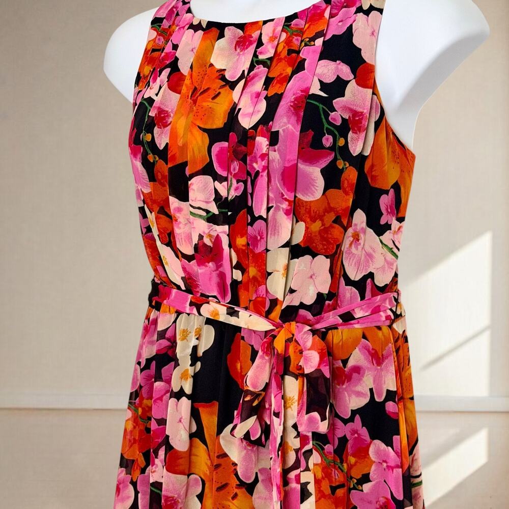 Eliza J Floral Maxi Dress XL Pink Orange Resort Wedding Guest Belted Sleeveless - Picture 4 of 10